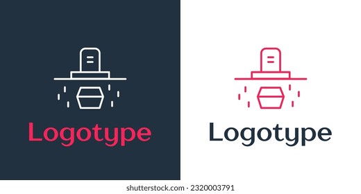 Logotype line Grave with tombstone and coffin icon isolated on white background. Logo design template element. Vector