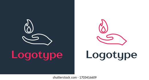 Línea de Logotipo Mano sosteniendo un icono de incendio aislado en fondo blanco. Elemento de plantilla de diseño del logotipo. Ilustración vectorial