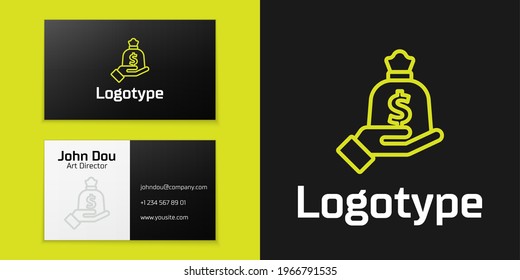 Logotype line Hand holding money bag icon isolated on black background. Dollar or USD symbol. Cash Banking currency sign. Logo design template element. Vector