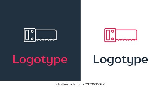 Logotype line Hand saw icon isolated on white background. Logo design template element. Vector