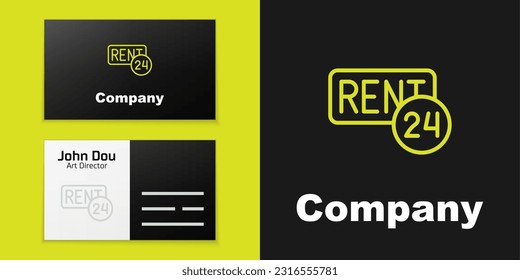 Logotype line Hanging sign with text Rent icon isolated on black background. Signboard with text For Rent. Logo design template element. Vector