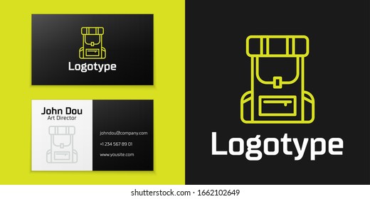 Logotype line Hiking backpack icon isolated on black background. Camping and mountain exploring backpack. Logo design template element. Vector Illustration