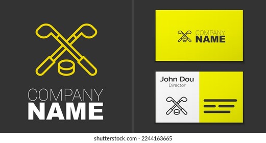 Logotype line Ice hockey sticks and puck icon isolated on grey background. Game start. Logo design template element. Vector