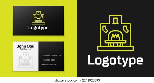 Logotype line Interior fireplace icon isolated on black background. Logo design template element. Vector