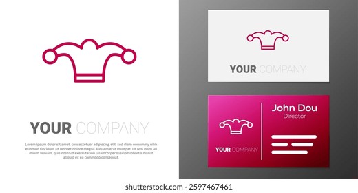 Logotype line Jester hat with bells isolated on white background. Clown icon. Amusement park funnyman sign. Logo design template element. Vector