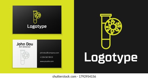 Logotype line Laboratory glass test tube with virus and bacteria icon isolated on black background. Analysis microorganism, research, diagnosis. Logo design template element. Vector Illustration