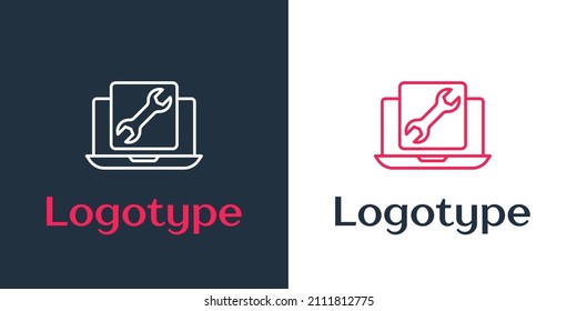 Logotype line Laptop with wrench icon isolated on white background. Adjusting, service, setting, maintenance, repair, fixing. Logo design template element. Vector