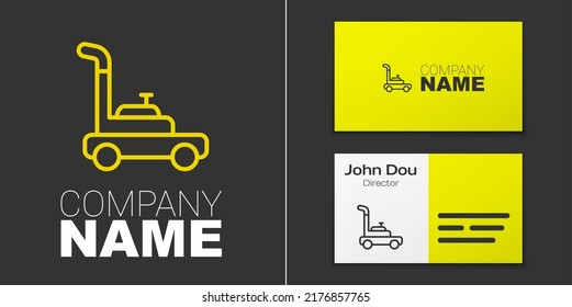 Logotype line Lawn mower icon isolated on grey background. Lawn mower cutting grass. Logo design template element. Vector