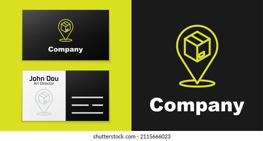 Logotype line Location with cardboard box icon isolated on black background. Delivery services, logistic and transportation, distribution. Logo design template element. Vector