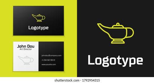 Logotype line Magic lamp or Aladdin lamp icon isolated on black background. Spiritual lamp for wish. Logo design template element. Vector Illustration