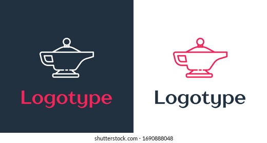 Línea de logotipo Icono de lámpara mágica aislado en fondo blanco. Lámpara espiritual por deseo. Elemento de plantilla de diseño del logotipo. Ilustración vectorial