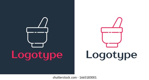 Logotype line Magic mortar and pestle icon isolated on white background. Logo design template element. Vector Illustration