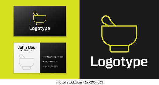 Logotype line Magic mortar and pestle icon isolated on black background. Logo design template element. Vector Illustration