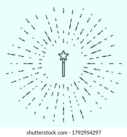 Línea de logotipo Icono de varita mágica aislado en fondo negro. Complemento mágico de forma estrella. Poder mágico. Elemento de plantilla de diseño de logotipo. Ilustración vectorial
