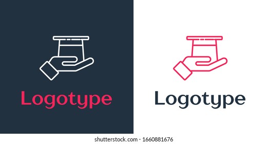 Logotype line Magician hat in hand icon isolated on white background. Magic trick. Mystery entertainment concept. Logo design template element. Vector Illustration