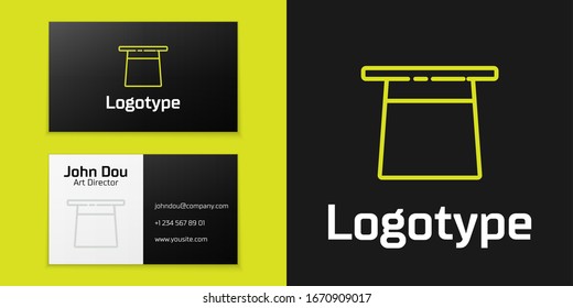 Logotype line Magician hat icon isolated on black background. Magic trick. Mystery entertainment concept. Logo design template element. Vector Illustration