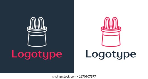 Logotype line Magician hat and rabbit ears icon isolated on white background. Magic trick. Mystery entertainment concept. Logo design template element. Vector Illustration