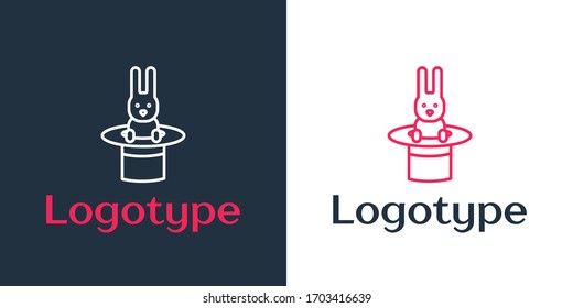 Logotype line Magician hat and rabbit icon isolated on white background. Magic trick. Mystery entertainment concept. Logo design template element. Vector Illustration