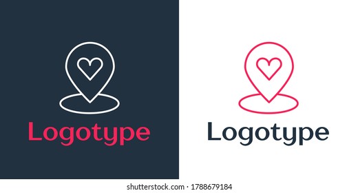 Logotype line Map pointer with heart icon isolated on white background. Valentines day. Love location. Romantic map pin. Logo design template element. Vector