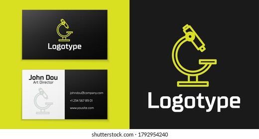 Logotype line Microscope icon isolated on black background. Chemistry, pharmaceutical instrument, microbiology magnifying tool. Logo design template element. Vector Illustration