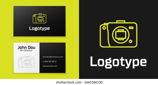 Logotype line Mirrorless camera icon isolated on black background. Foto camera icon. Logo design template element. Vector Illustration