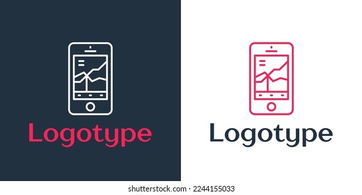 Logotype line Mobile stock trading concept icon isolated on white background. Online trading, stock market analysis, business and investment. Logo design template element. Vector