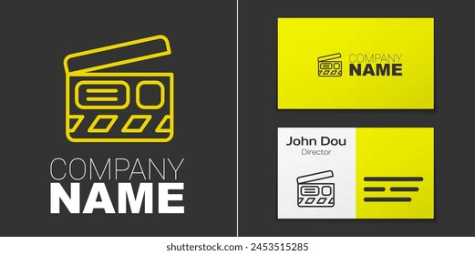 Logotype line Movie clapper icon isolated on grey background. Film clapper board. Clapperboard sign. Cinema production or media industry. Logo design template element. Vector