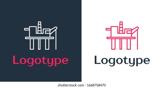 Logotype line Oil platform in the sea icon isolated on white background. Drilling rig at sea. Oil platform, gas fuel, industry offshore. Logo design template element. Vector Illustration