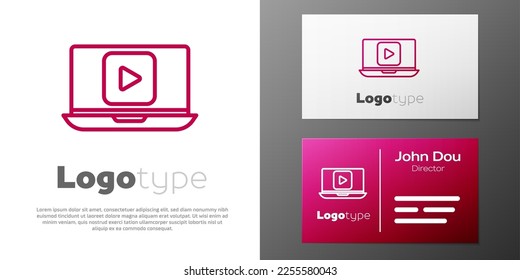 Logotype line Online play video icon isolated on white background. Laptop and film strip with play sign. Logo design template element. Vector Illustration