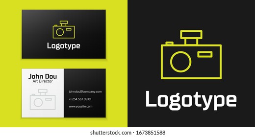 Logotype line Photo camera icon isolated on black background. Foto camera icon. Logo design template element. Vector Illustration