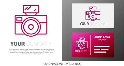 Logotype line Photo camera with lighting flash icon isolated on white background. Foto camera. Digital photography. Logo design template element. Vector