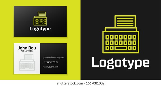 Logotype line Retro typewriter and paper sheet icon isolated on black background. Logo design template element. Vector Illustration