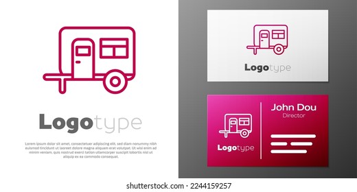 Logotype line Rv Camping trailer icon isolated on white background. Travel mobile home, caravan, home camper for travel. Logo design template element. Vector