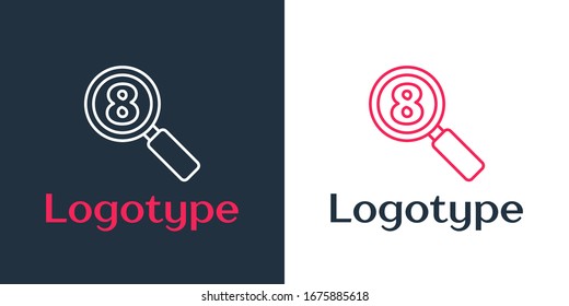 Logotype line Search 8 March icon isolated on white background. Magnifying glass sign. International Happy Women Day. Logo design template element. Vector Illustration