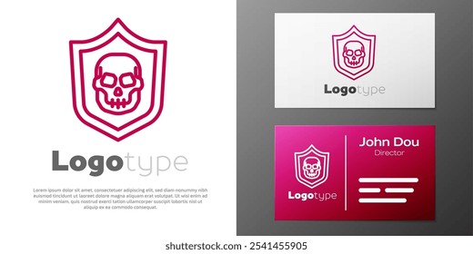 Logotype line Shield with pirate skull icon isolated on white background. Logo design template element. Vector