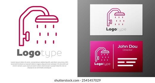 Logotype line Shower head with water drops flowing icon isolated on white background. Logo design template element. Vector