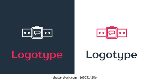 Logotype line Smartwatch icon isolated on white background. Logo design template element. Vector Illustration