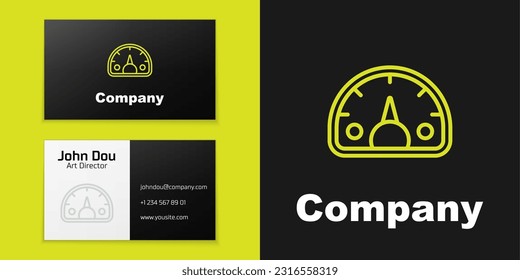Logotype line Speedometer icon isolated on black background. Logo design template element. Vector