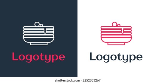 Logotype line Stack of pancakes icon isolated on white background. Baking with syrup and cherry. Breakfast concept. Logo design template element. Vector