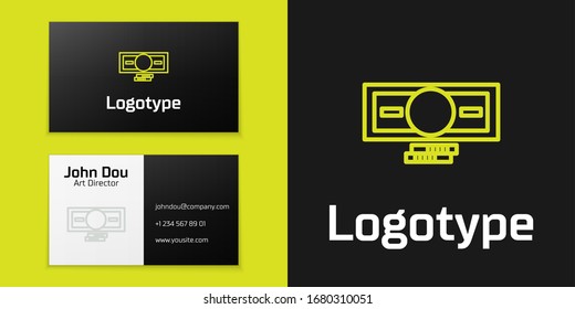 Logotype line Stacks paper money cash icon isolated on black background. Money banknotes stacks. Bill currency. Logo design template element. Vector Illustration