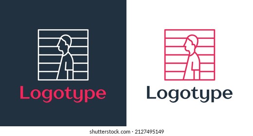 Logotype line Suspect criminal icon isolated on white background. The criminal in prison, suspected near the board. Logo design template element. Vector Illustration