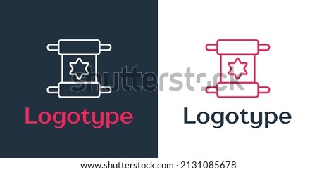 Logotype line Torah scroll icon isolated on white background. Jewish Torah in expanded form. Star of David symbol. Old parchment scroll. Logo design template element. Vector