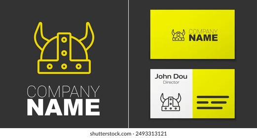Logotype line Viking in horned helmet icon isolated on grey background. Logo design template element. Vector