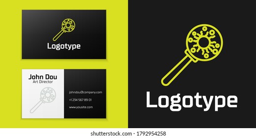 Logotype line Virus under magnifying glass icon isolated on black background. Corona virus 2019-nCoV. Bacteria and germs, microbe, fungi. Logo design template element. Vector Illustration