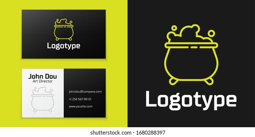 Logotype line Witch cauldron icon isolated on black background. Happy Halloween party. Logo design template element. Vector Illustration