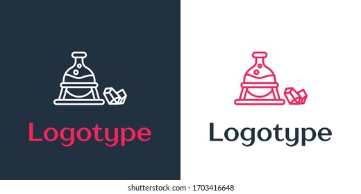 Logotype line Witch cauldron and magic stone icon isolated on white background. Logo design template element. Vector Illustration