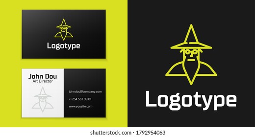 Logotype line Wizard warlock icon isolated on black background. Logo design template element. Vector Illustration