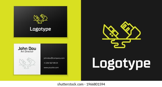 Logotype line Wrecked oil tanker ship icon isolated on black background. Oil spill accident. Crash tanker. Pollution Environment concept. Logo design template element. Vector Illustration