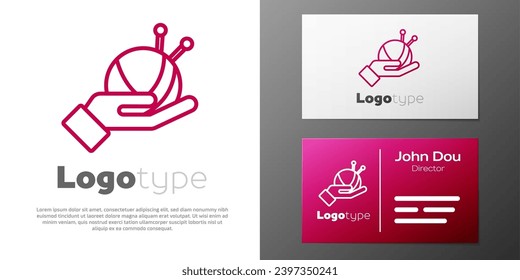 Logotype line Yarn ball with knitting needles icon isolated on white background. Label for hand made, knitting or tailor shop. Logo design template element. Vector