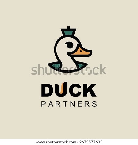 logotype, logo. Cartoon duck logo design featuring a stylized bird with a crown, representing a playful and modern brand identity concept
